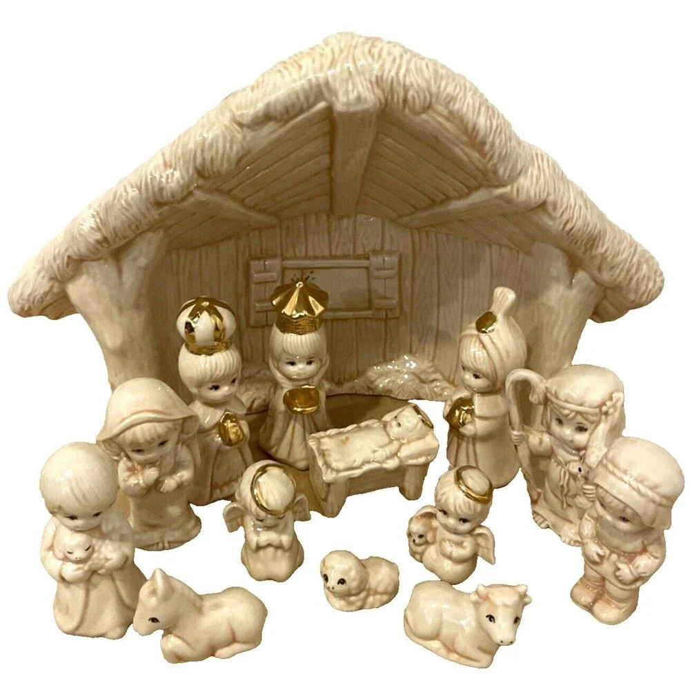 Ceramic Glazed Nativity Scene Christmas Village Holiday Decor 14 Pieces